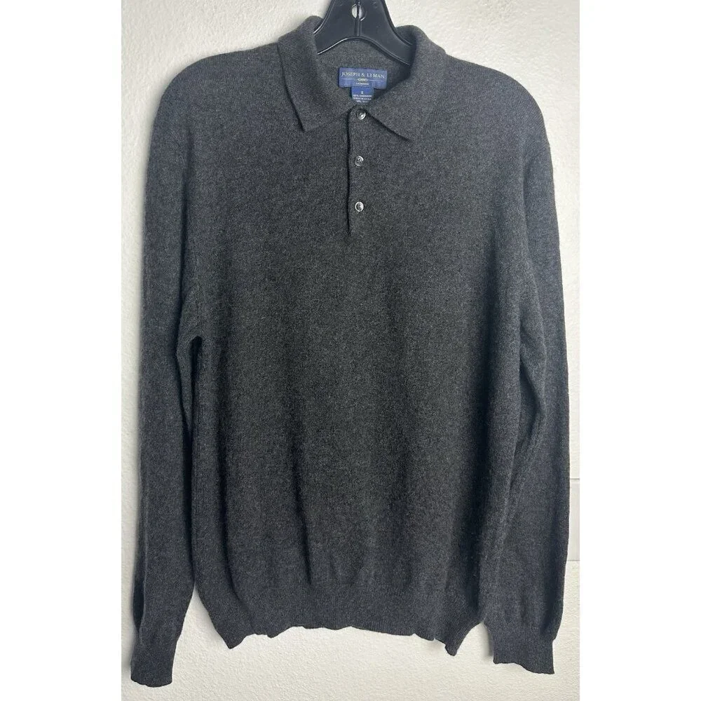 Joseph & Lyman 100% Cashmere Polo Sweater Gray Charcoal Mens Small 3-Button